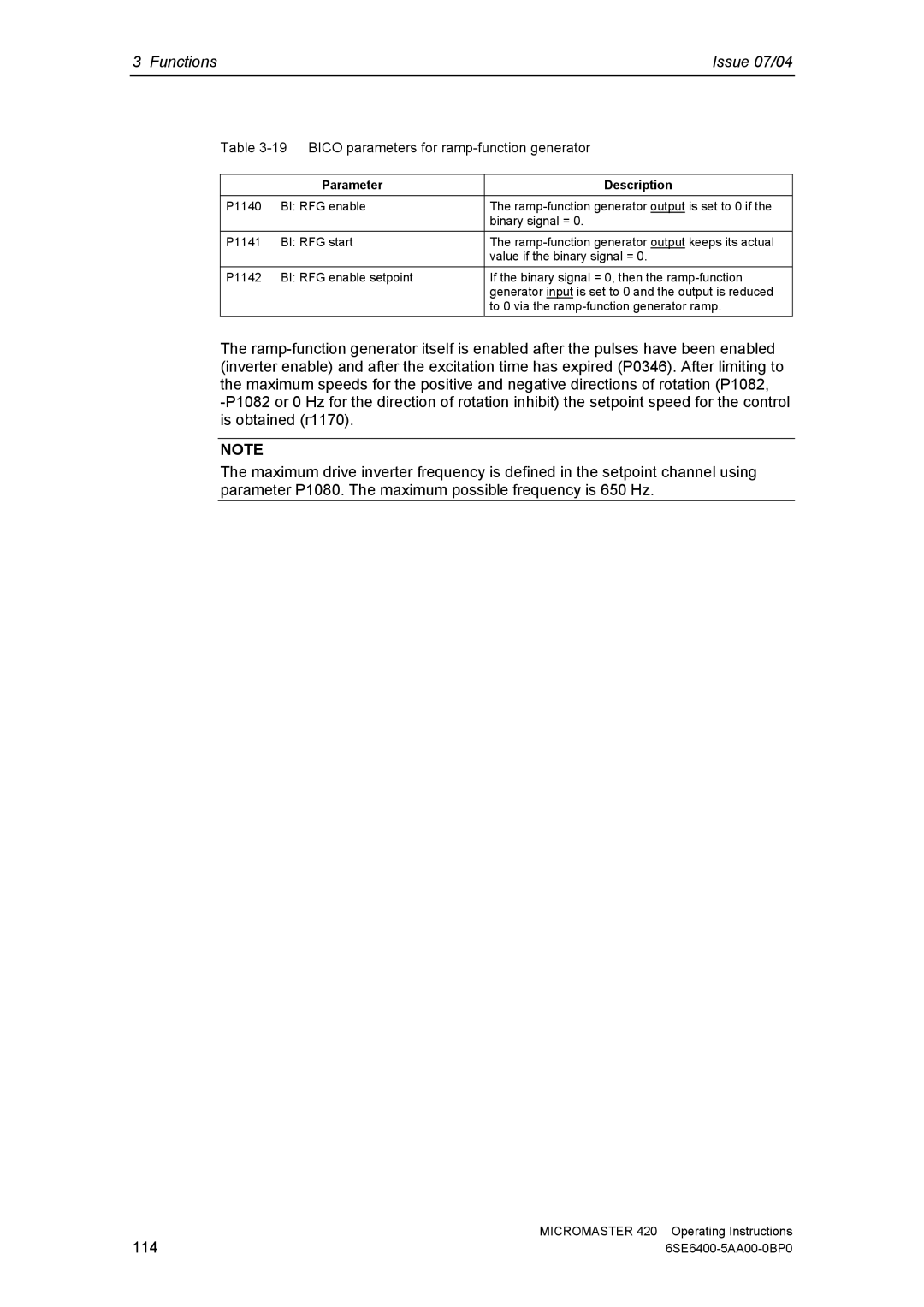 Siemens 420 manual Bico parameters for ramp-function generator, Parameter Description 