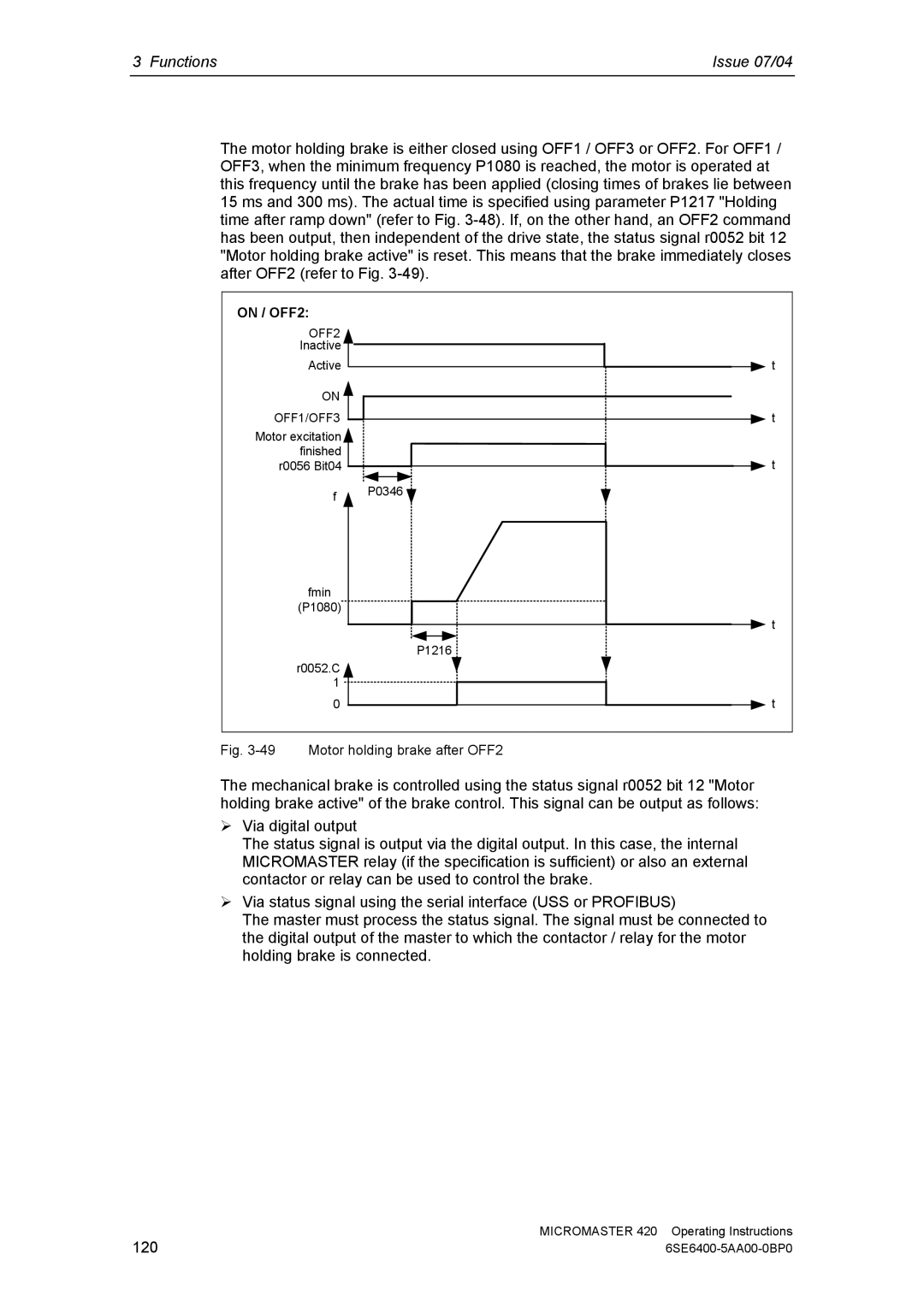 Siemens 420 manual On / OFF2, Motor holding brake after OFF2 