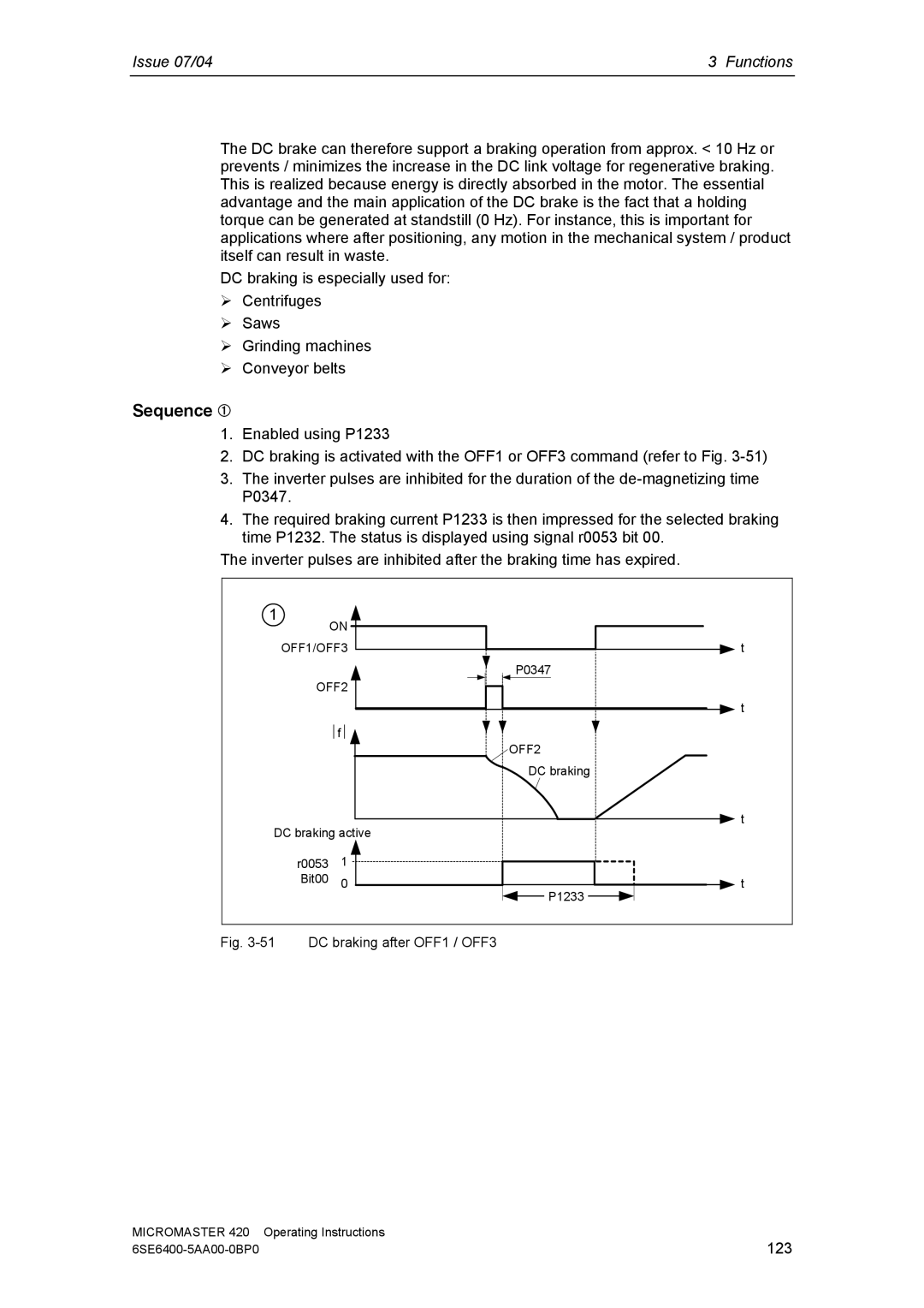 Siemens 420 manual Sequence ➀, DC braking after OFF1 / OFF3 