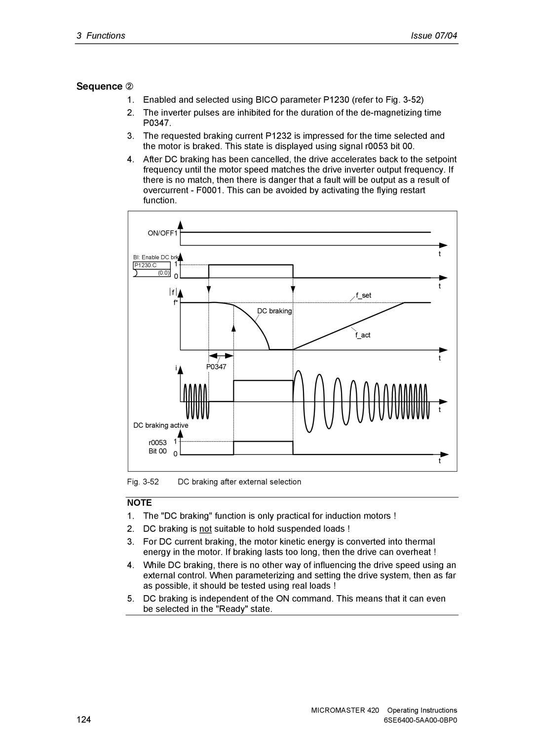 Siemens 420 manual Sequence ➁, DC braking after external selection 