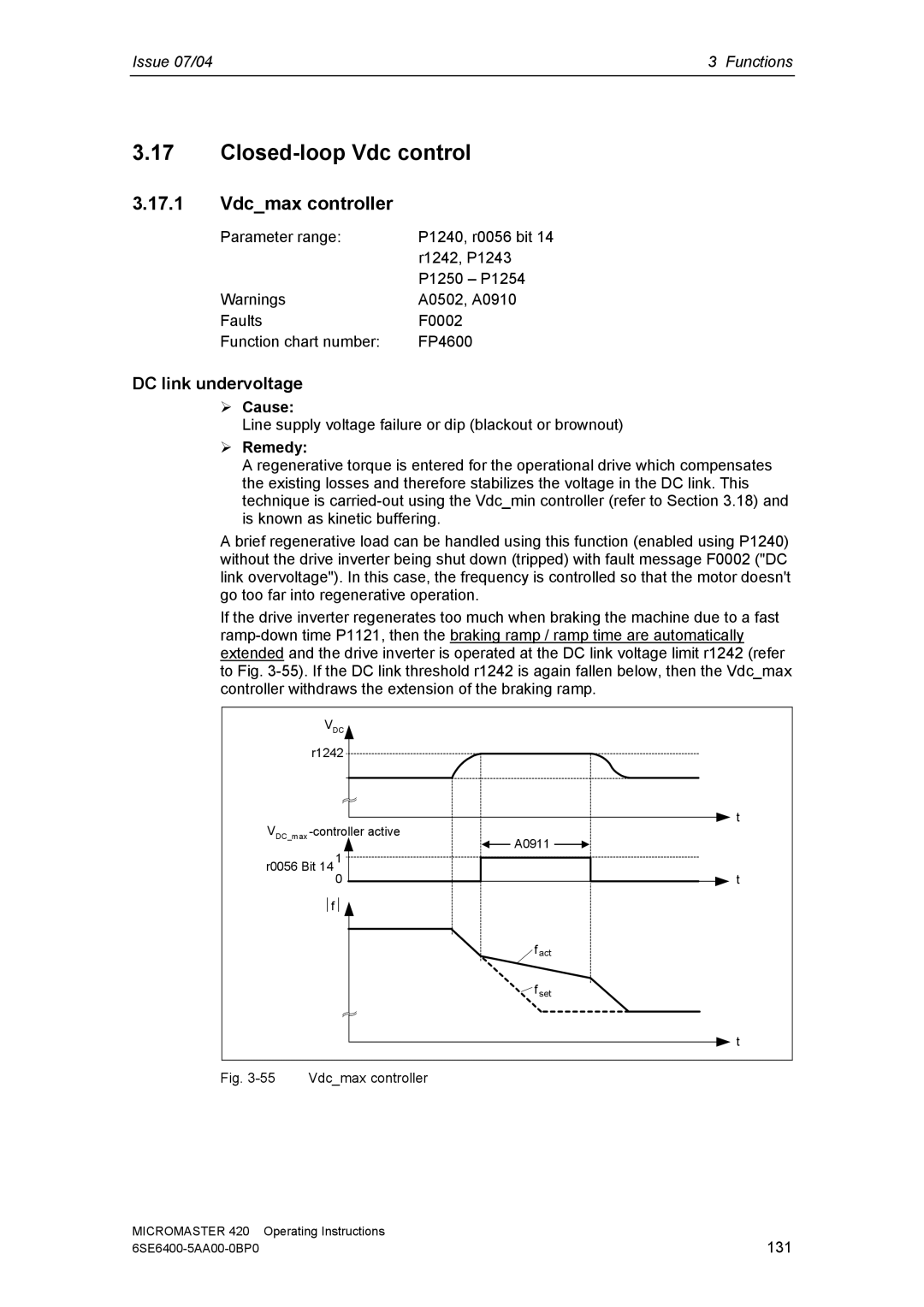 Siemens 420 manual Closed-loop Vdc control, Vdcmax controller, DC link undervoltage, Cause, Remedy 