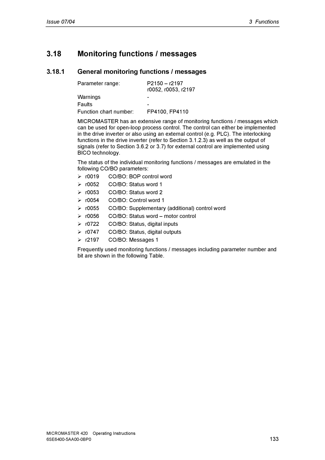 Siemens 420 manual Monitoring functions / messages, General monitoring functions / messages 