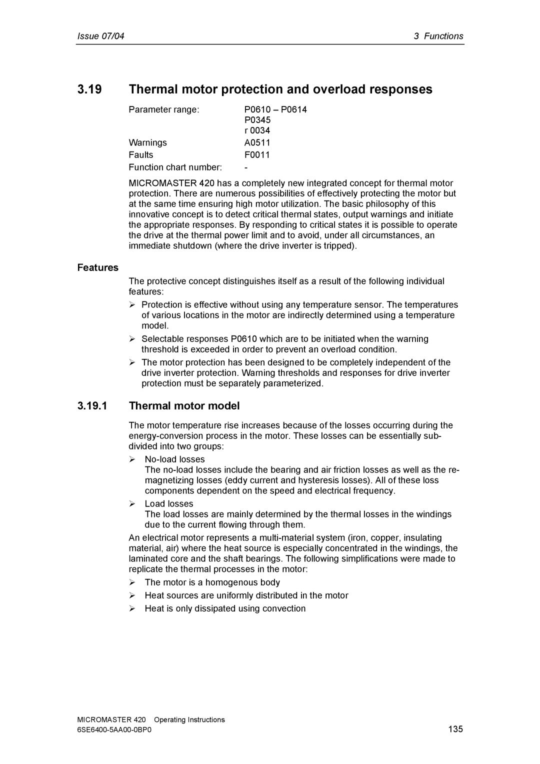 Siemens 420 manual Thermal motor protection and overload responses, Thermal motor model, Features 