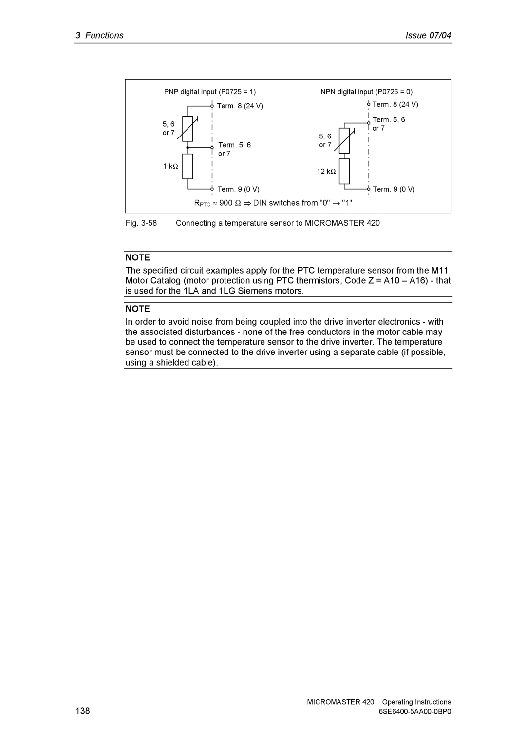 Siemens 420 manual Connecting a temperature sensor to Micromaster 