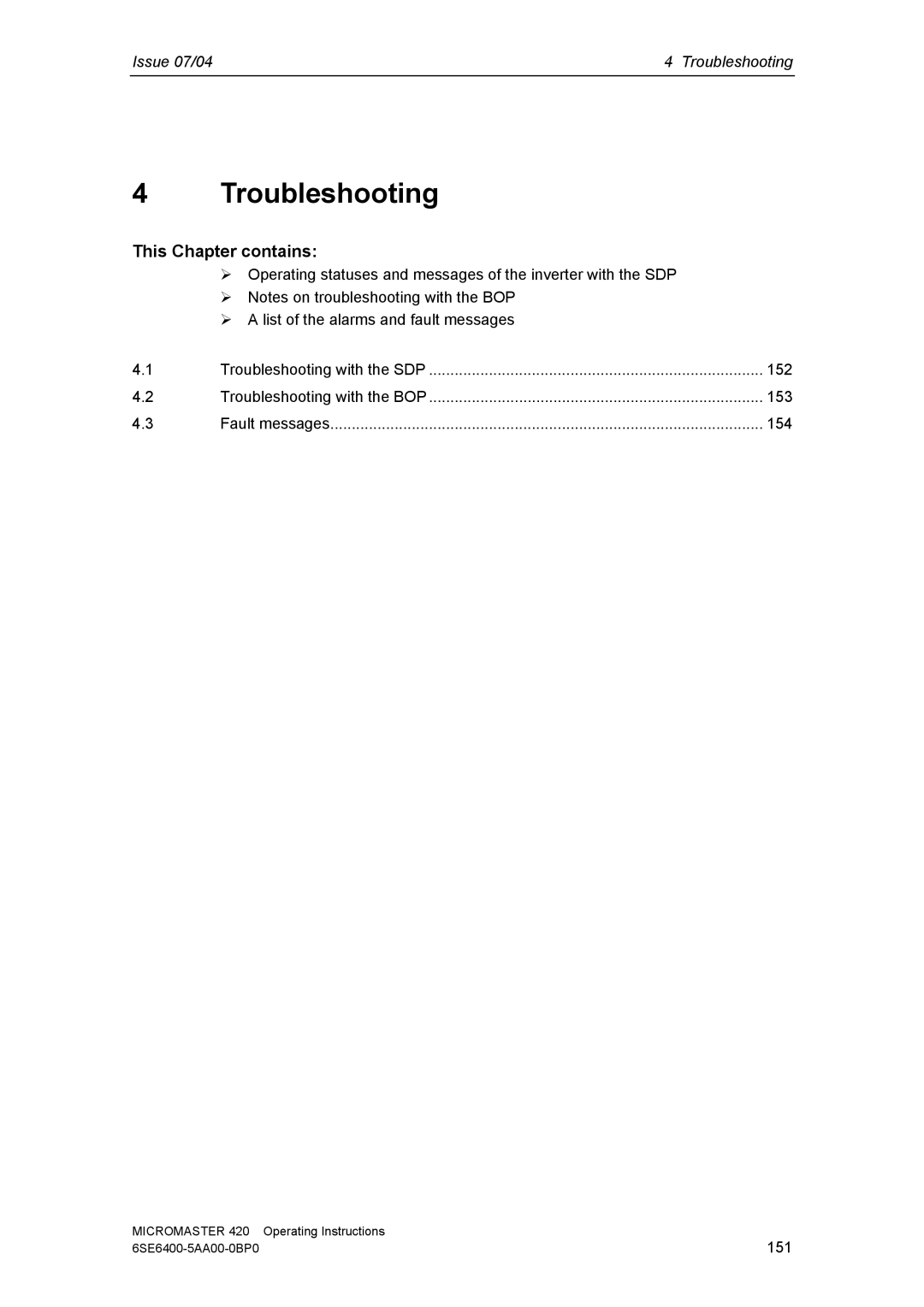 Siemens 420 manual Troubleshooting, This Chapter contains 