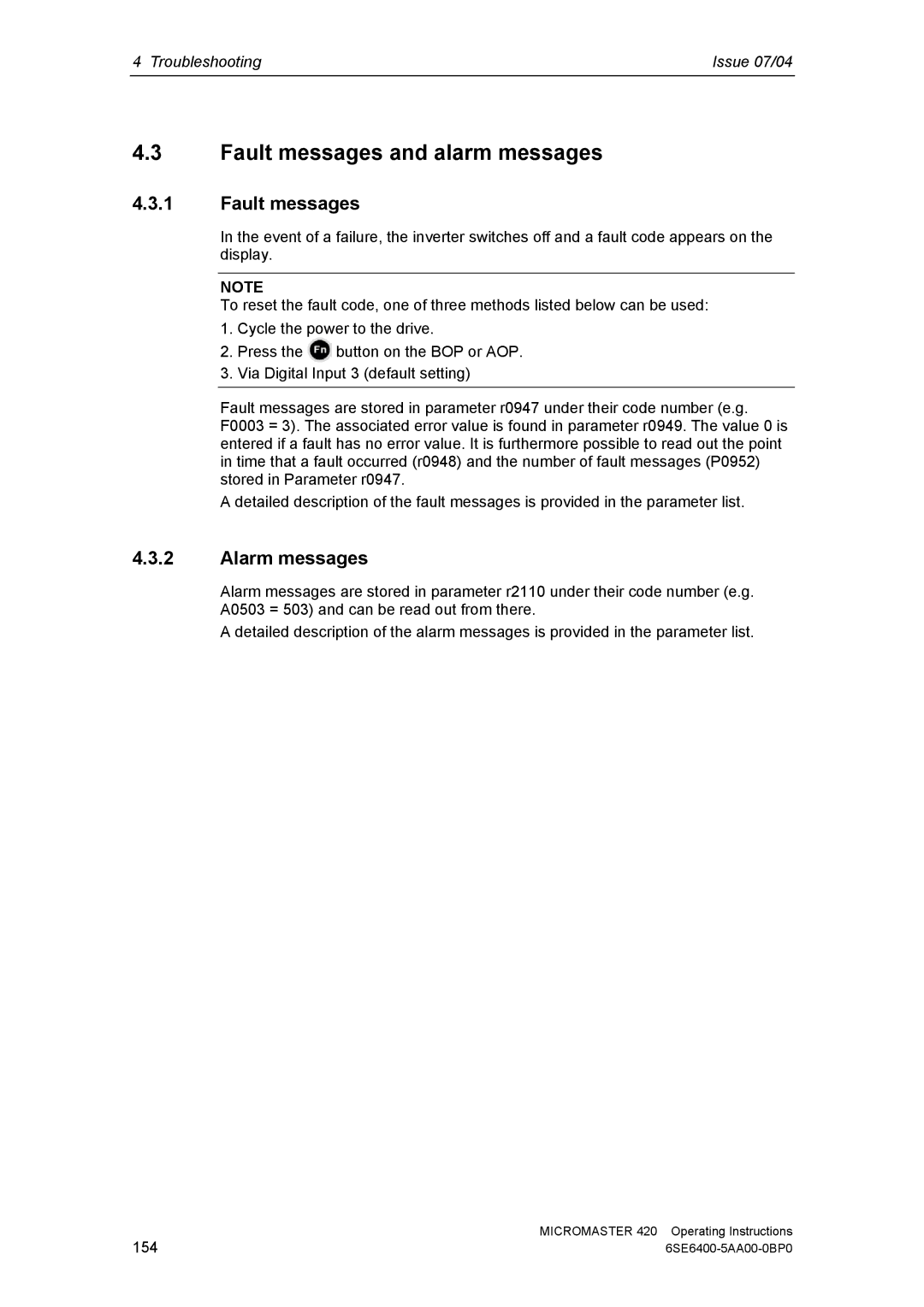 Siemens 420 manual Fault messages and alarm messages, Alarm messages 