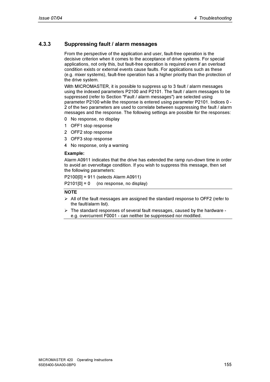 Siemens 420 manual Suppressing fault / alarm messages, Example 