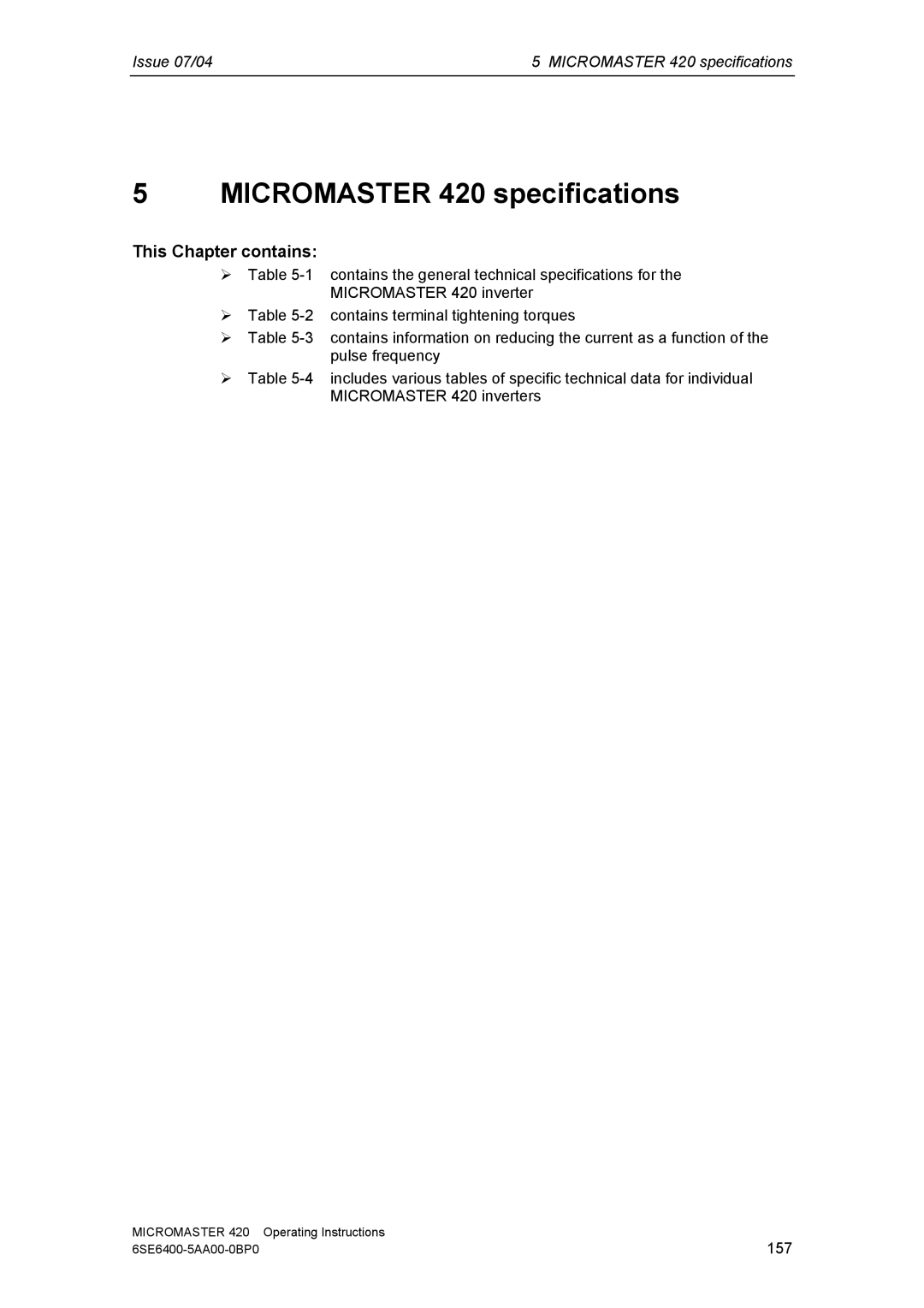 Siemens manual Micromaster 420 specifications, This Chapter contains 