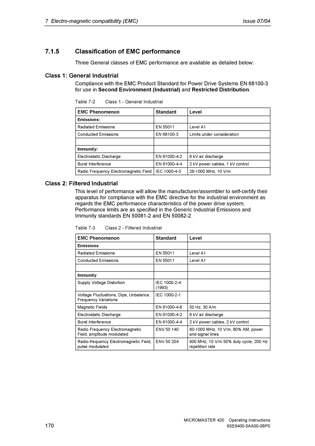 Siemens 420 manual Classification of EMC performance, Class 1 General Industrial, Class 2 Filtered Industrial 