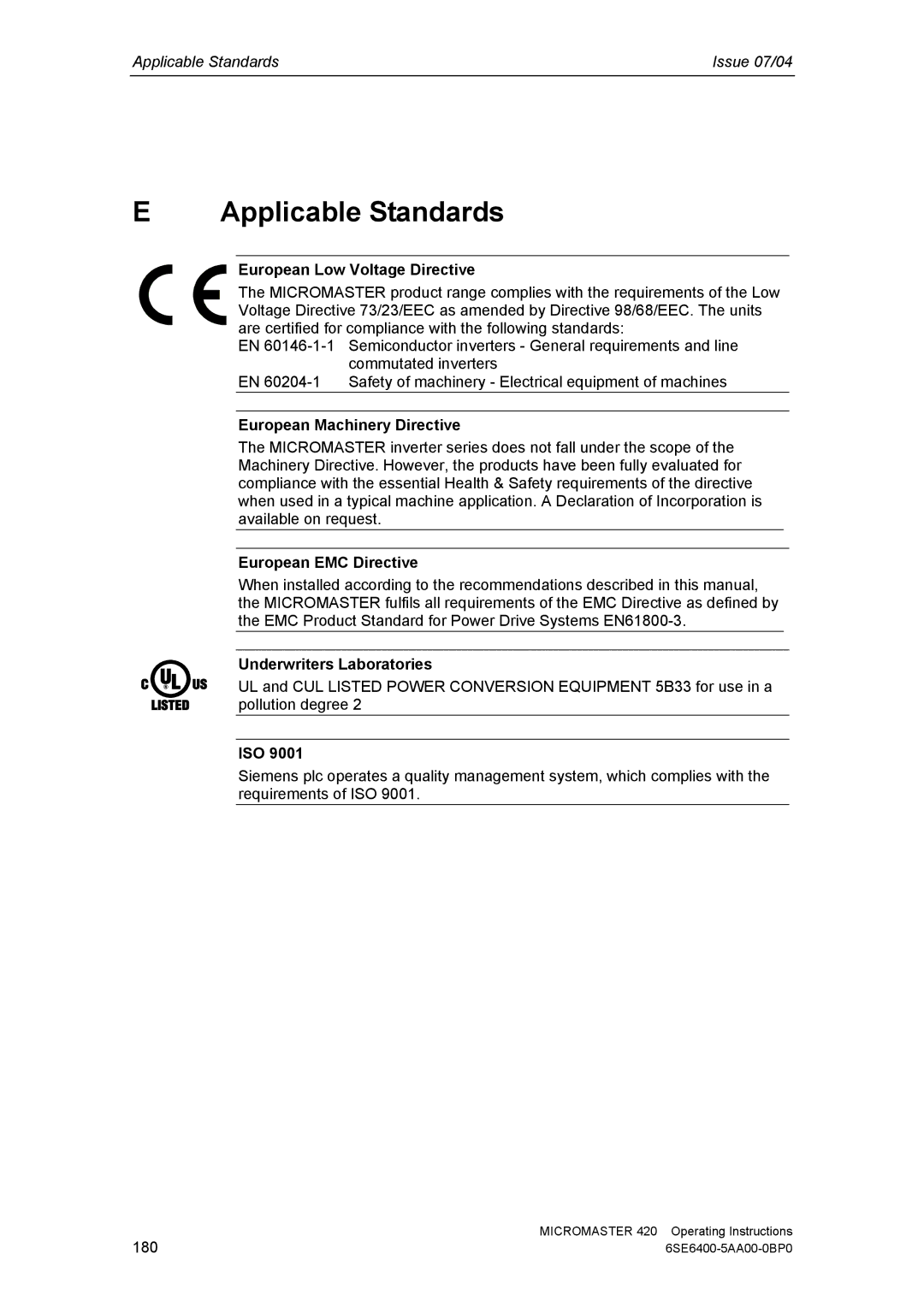 Siemens 420 manual Applicable Standards 