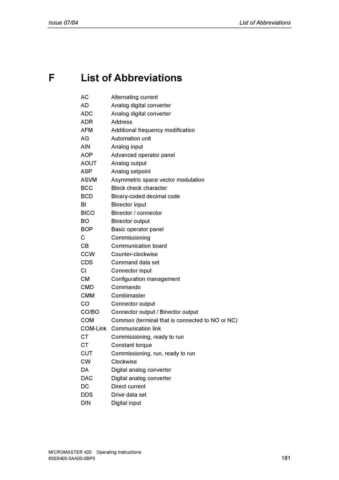 Siemens 420 manual List of Abbreviations, Com 