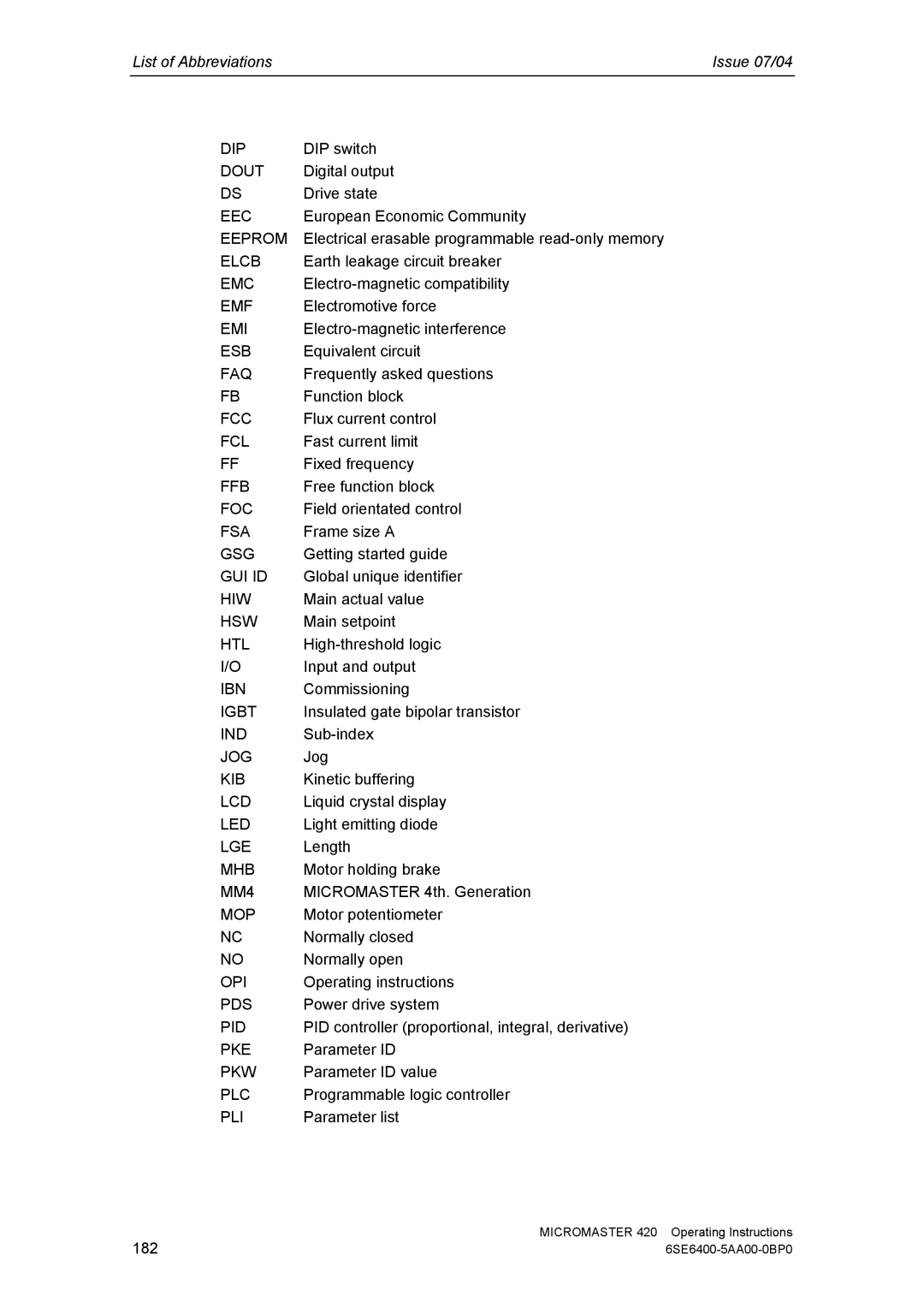 Siemens 420 manual List of Abbreviations Issue 07/04 