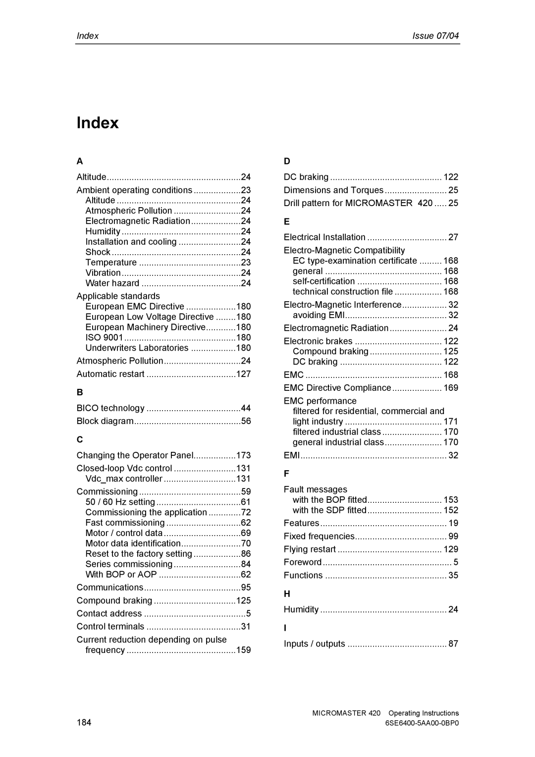 Siemens 420 manual Index 