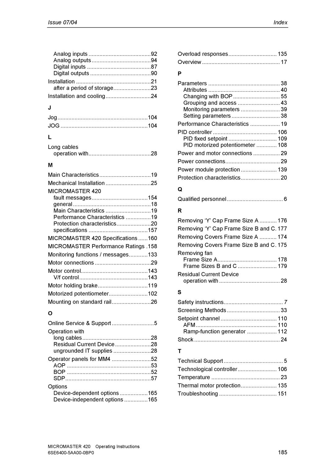 Siemens 420 manual Issue 07/04 Index 