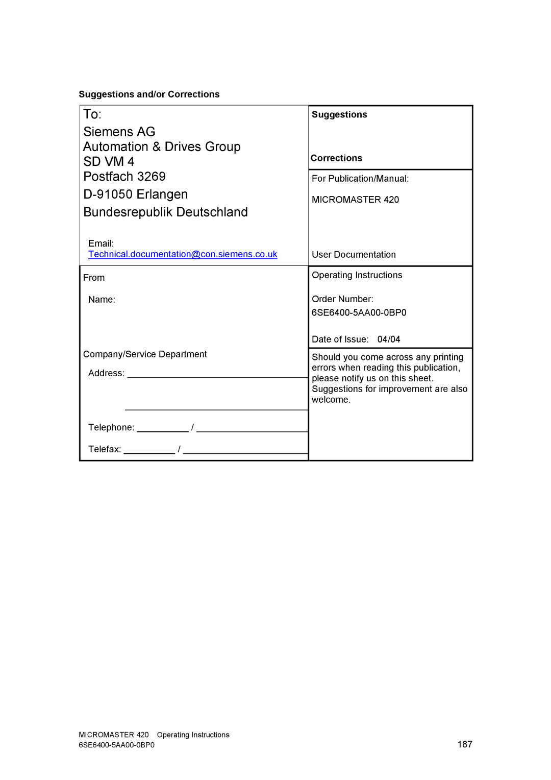 Siemens 420 manual Suggestions and/or Corrections, Suggestions Corrections 