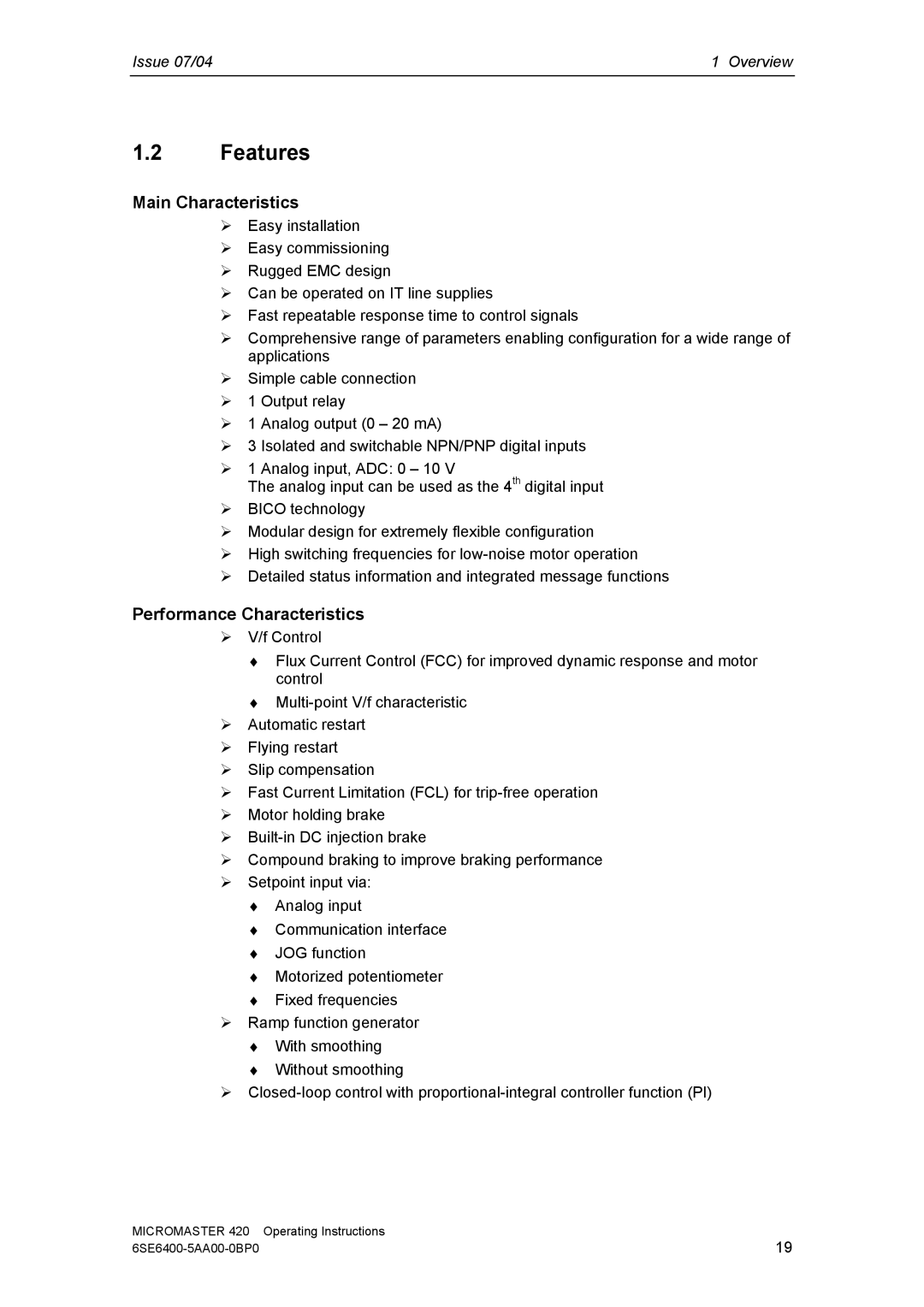 Siemens 420 manual Features, Main Characteristics, Performance Characteristics 