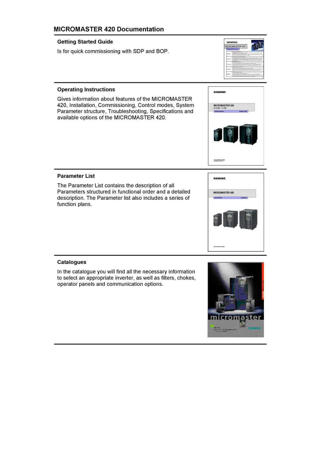 Siemens manual Micromaster 420 Documentation, Getting Started Guide, Operating Instructions, Parameter List, Catalogues 