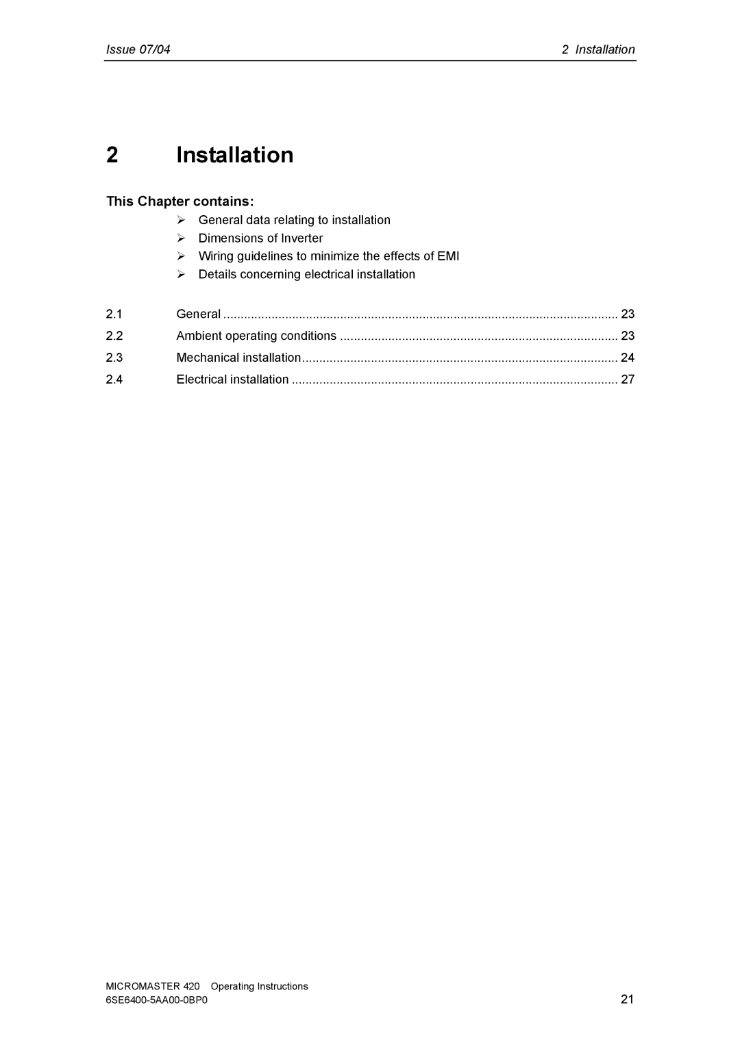 Siemens 420 manual Installation, This Chapter contains 