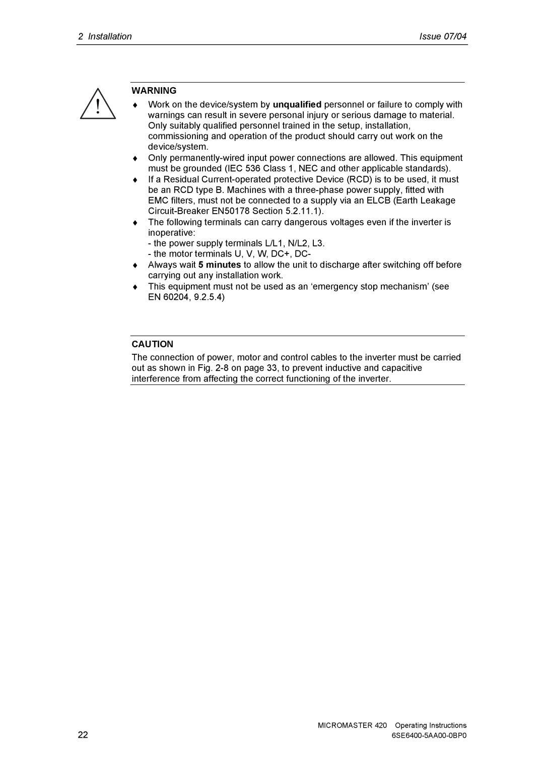 Siemens 420 manual Installation Issue 07/04 