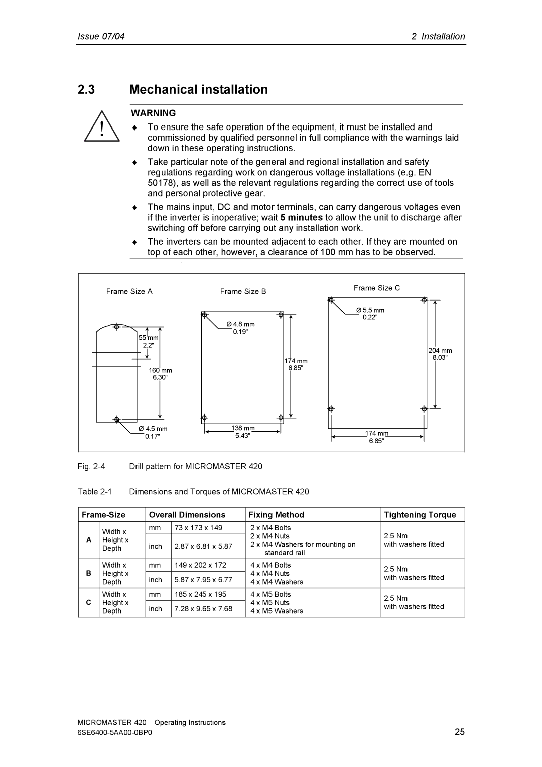 Siemens 420 manual Mechanical installation 