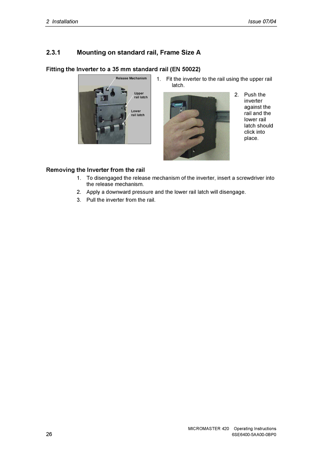 Siemens 420 manual Mounting on standard rail, Frame Size a, Fitting the Inverter to a 35 mm standard rail EN 