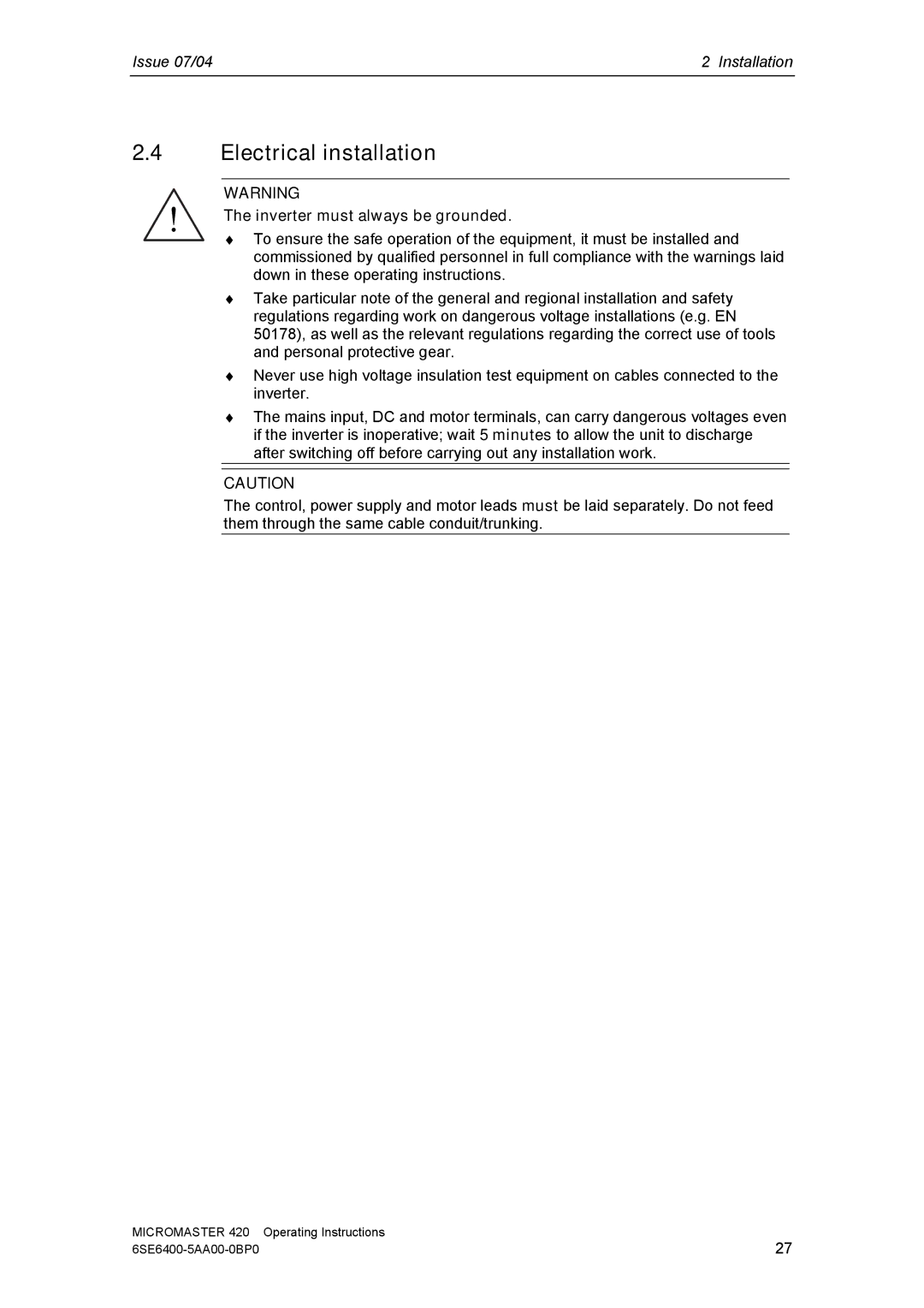 Siemens 420 manual Electrical installation, Inverter must always be grounded 