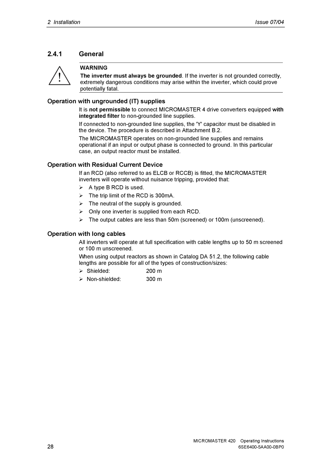 Siemens 420 manual General, Operation with ungrounded IT supplies, Operation with Residual Current Device 