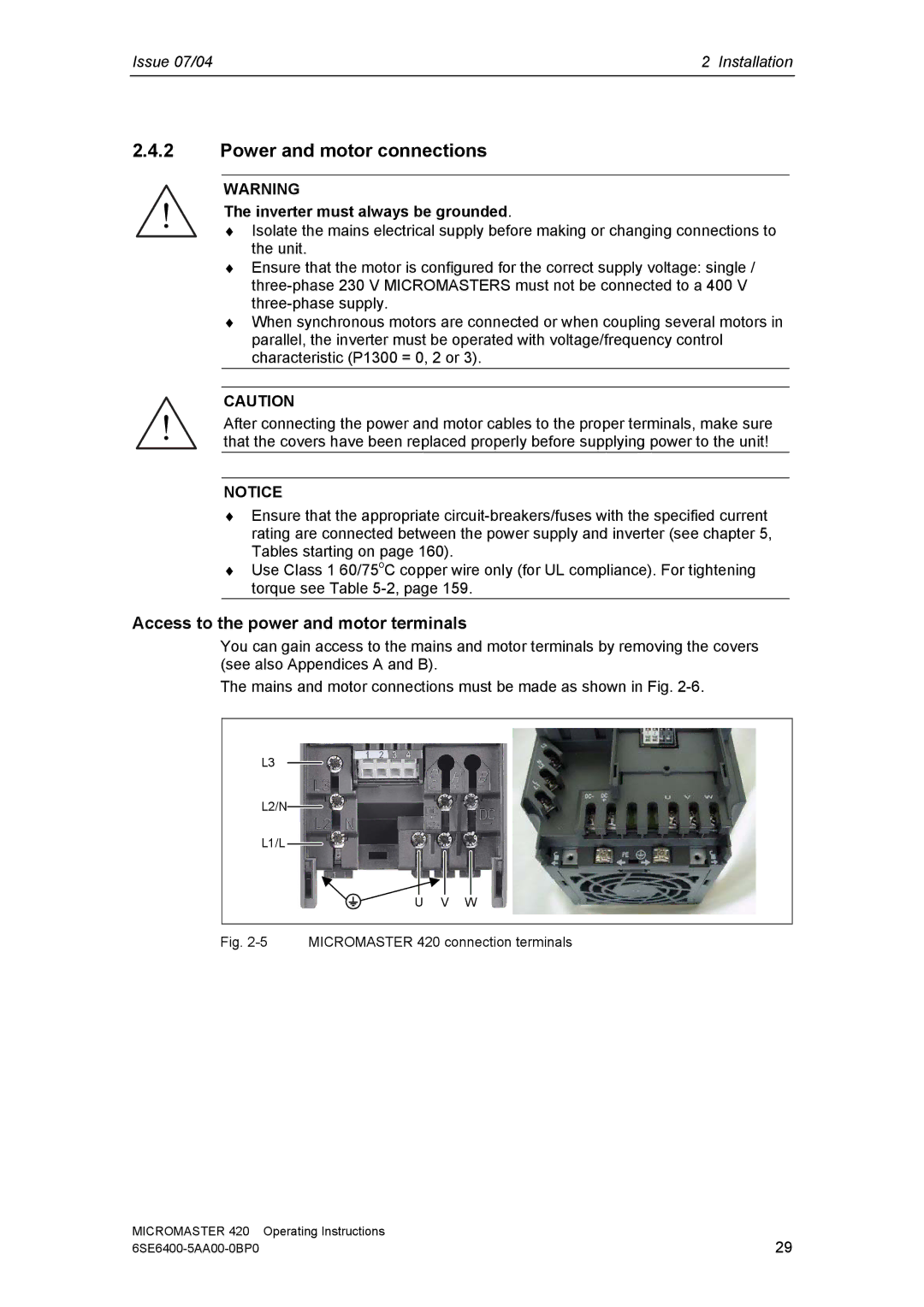 Siemens 420 manual Power and motor connections, Access to the power and motor terminals 