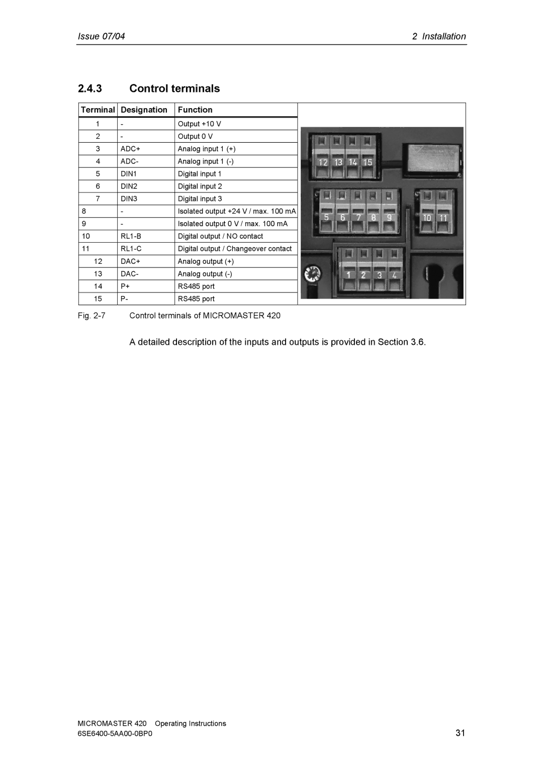 Siemens 420 manual Control terminals, Terminal Designation Function 