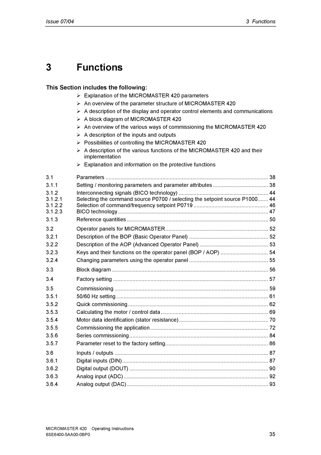 Siemens 420 manual Functions, This Section includes the following 