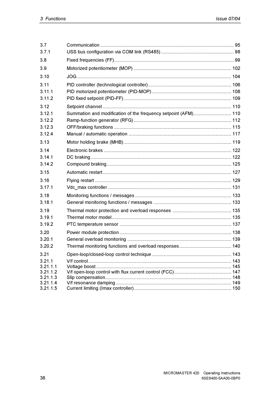 Siemens 420 manual Functions Issue 07/04 