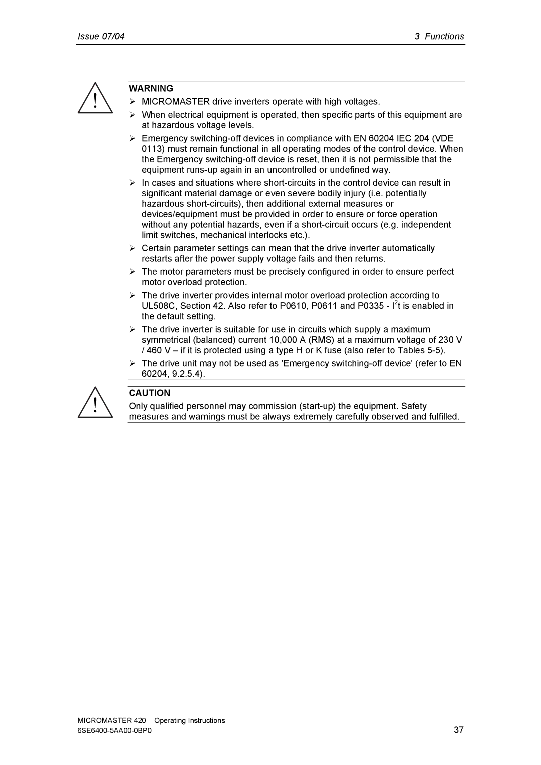 Siemens 420 manual Issue 07/04 Functions 