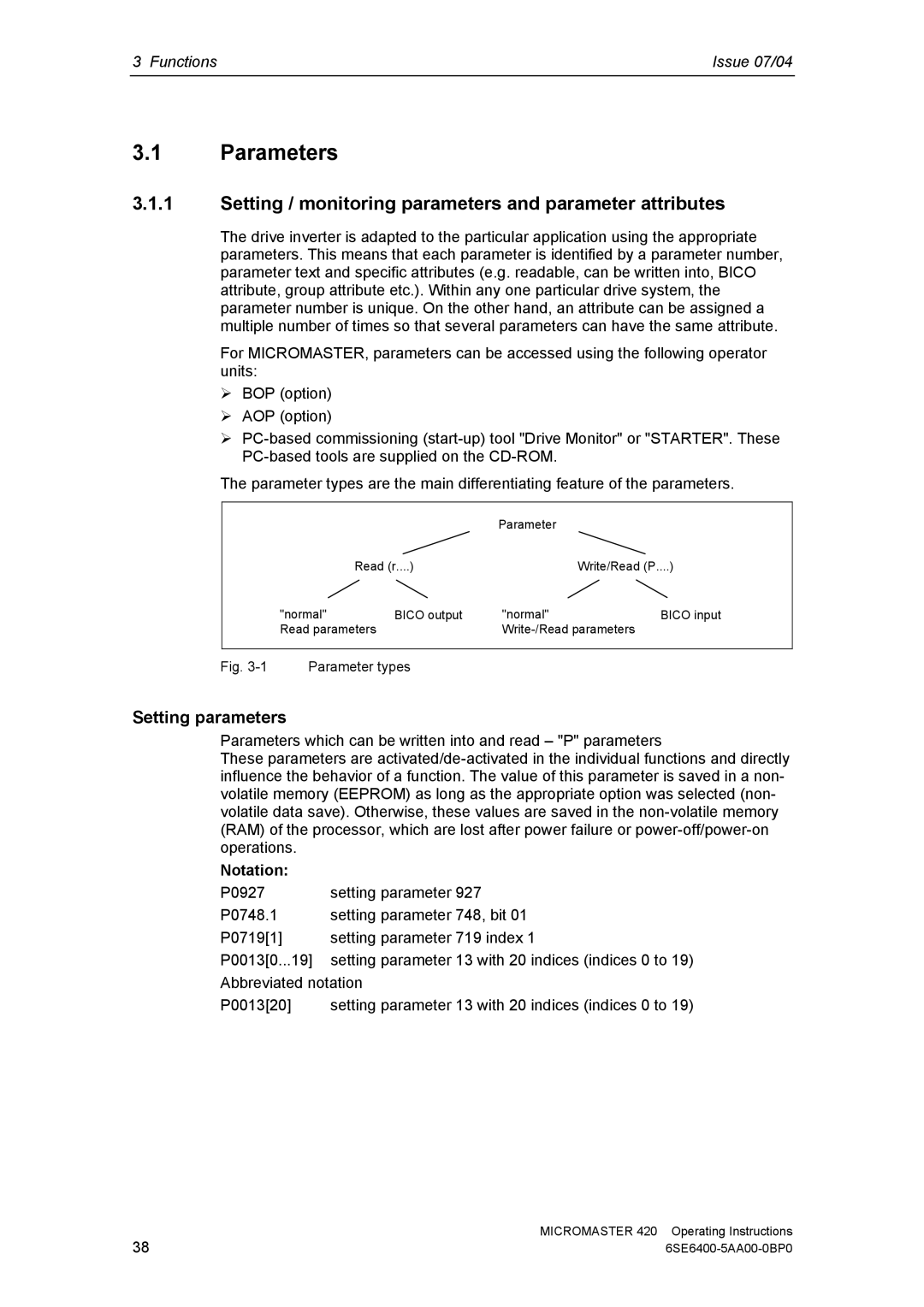 Siemens 420 manual Parameters, Setting / monitoring parameters and parameter attributes, Setting parameters, Notation 