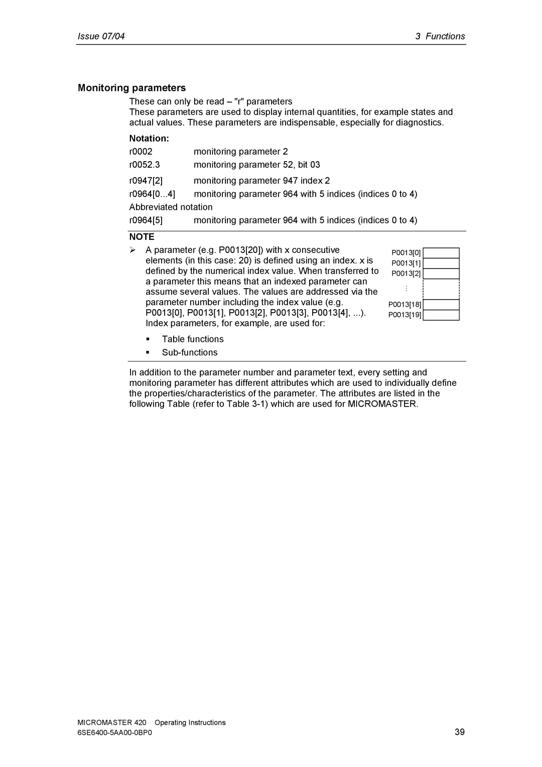 Siemens 420 manual Monitoring parameters 