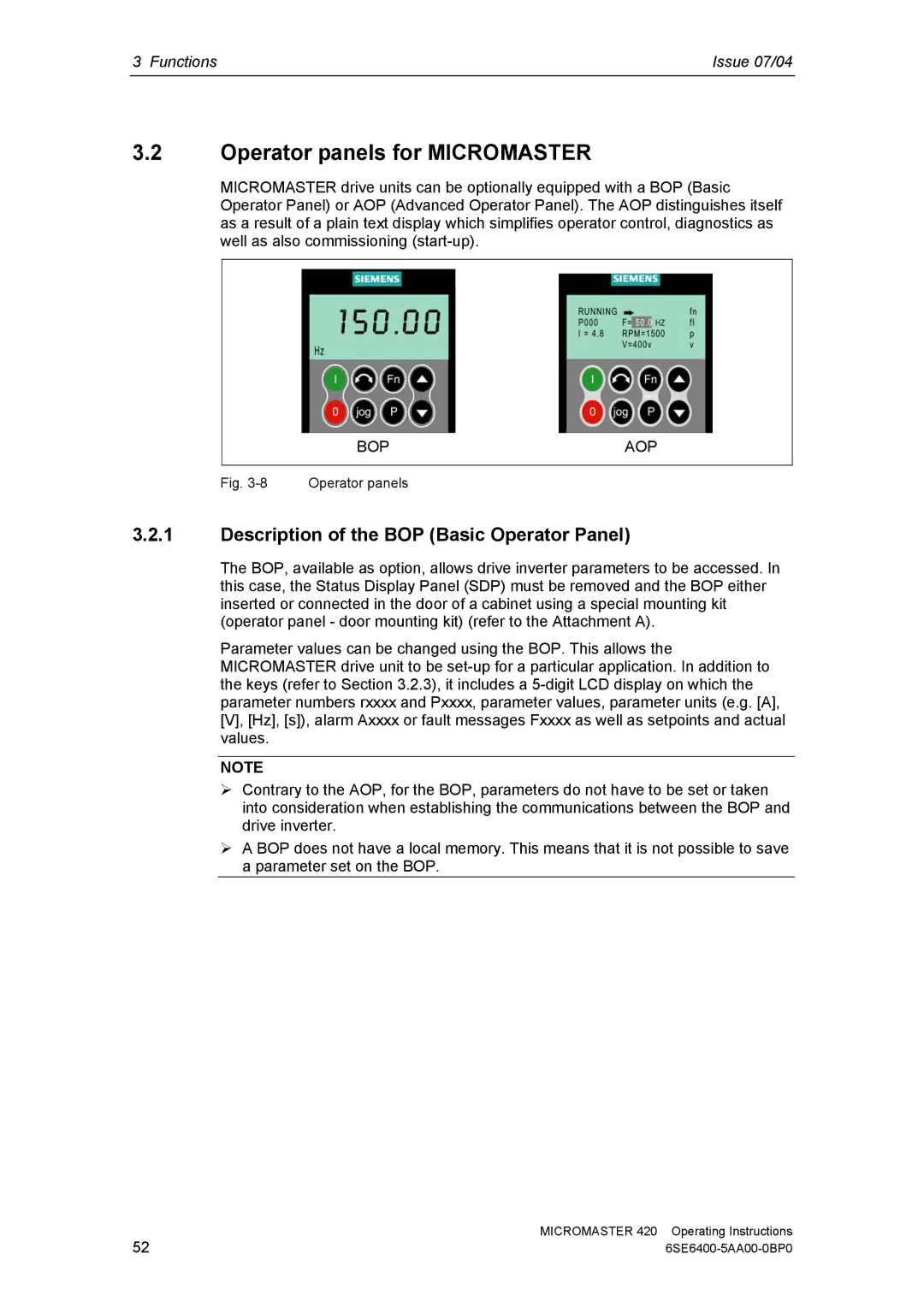 Siemens 420 manual Operator panels for Micromaster, Description of the BOP Basic Operator Panel 