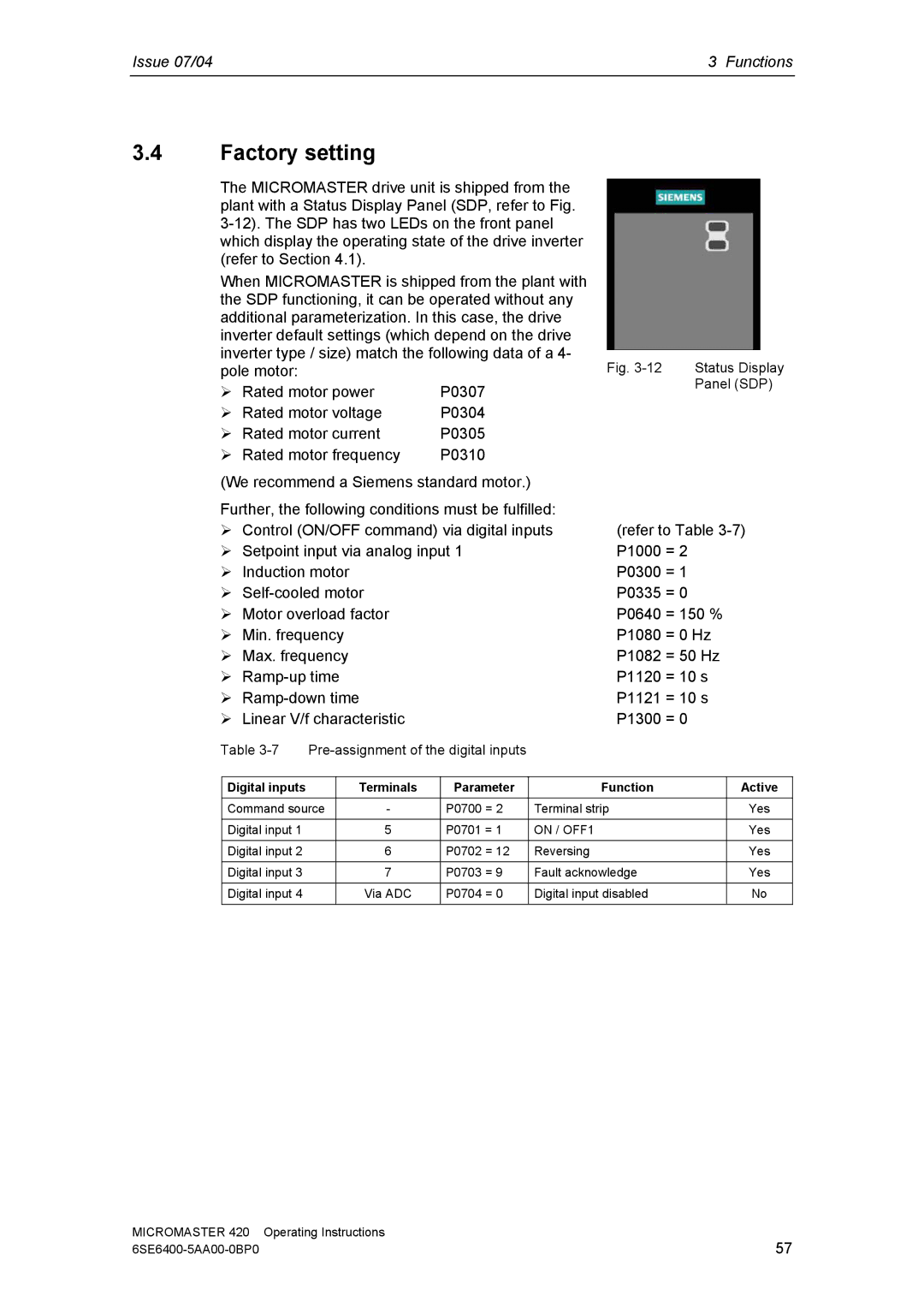 Siemens 420 manual Factory setting, Parameter Function 