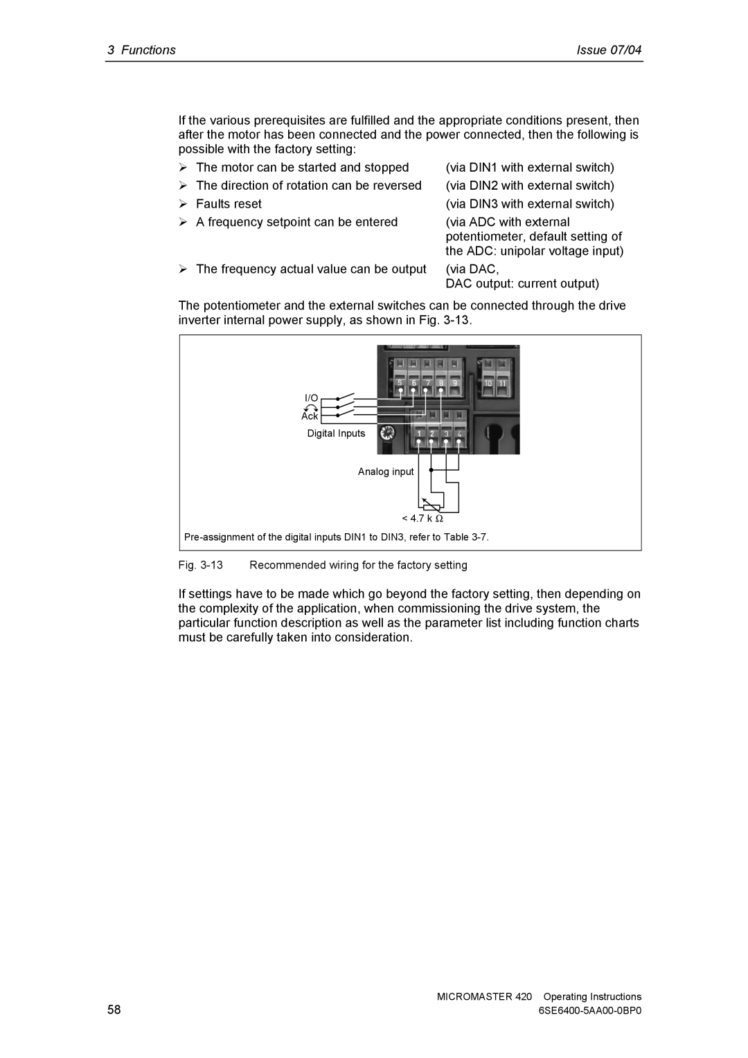 Siemens 420 manual Recommended wiring for the factory setting 