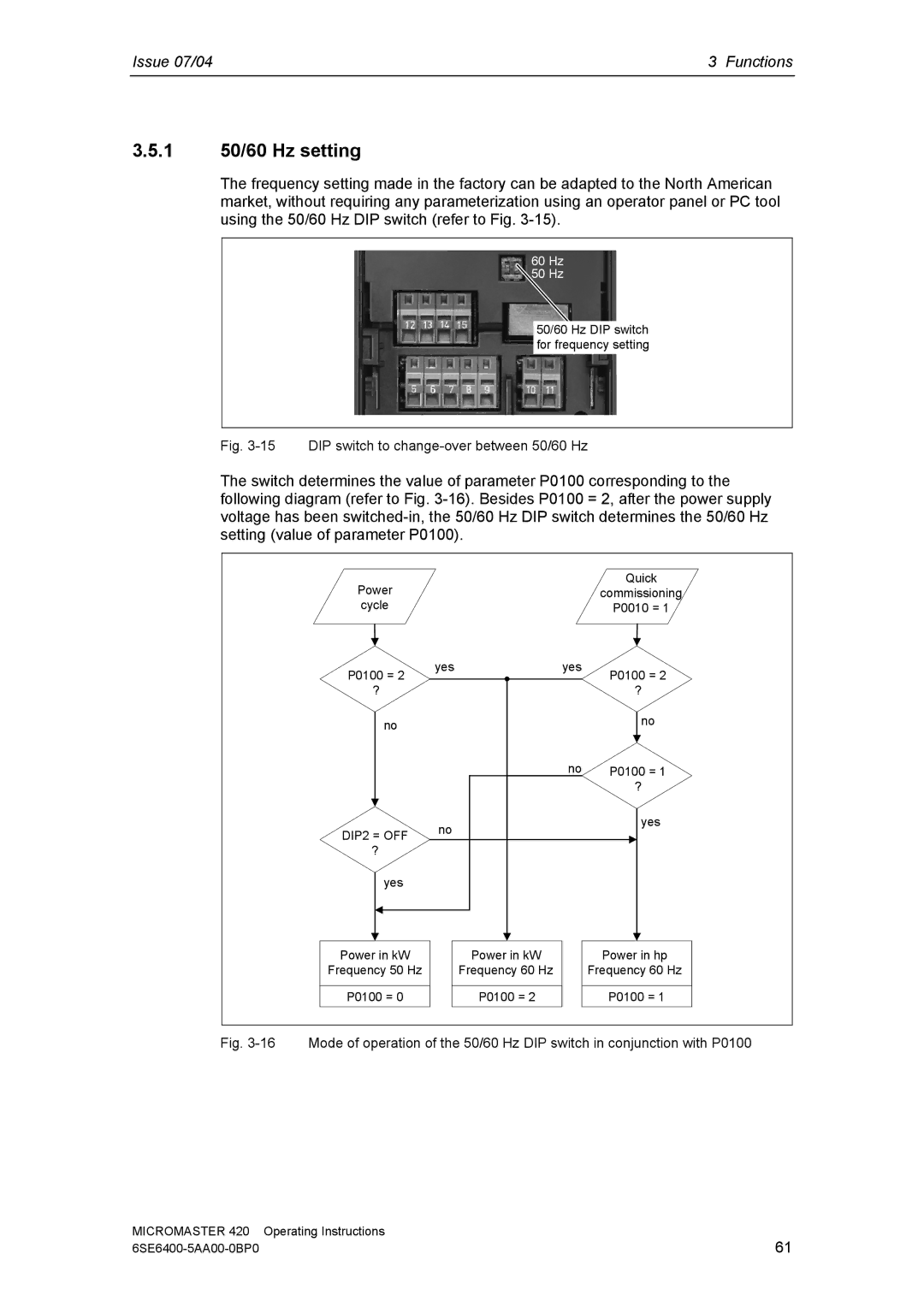 Siemens 420 manual 1 50/60 Hz setting, DIP switch to change-over between 50/60 Hz 