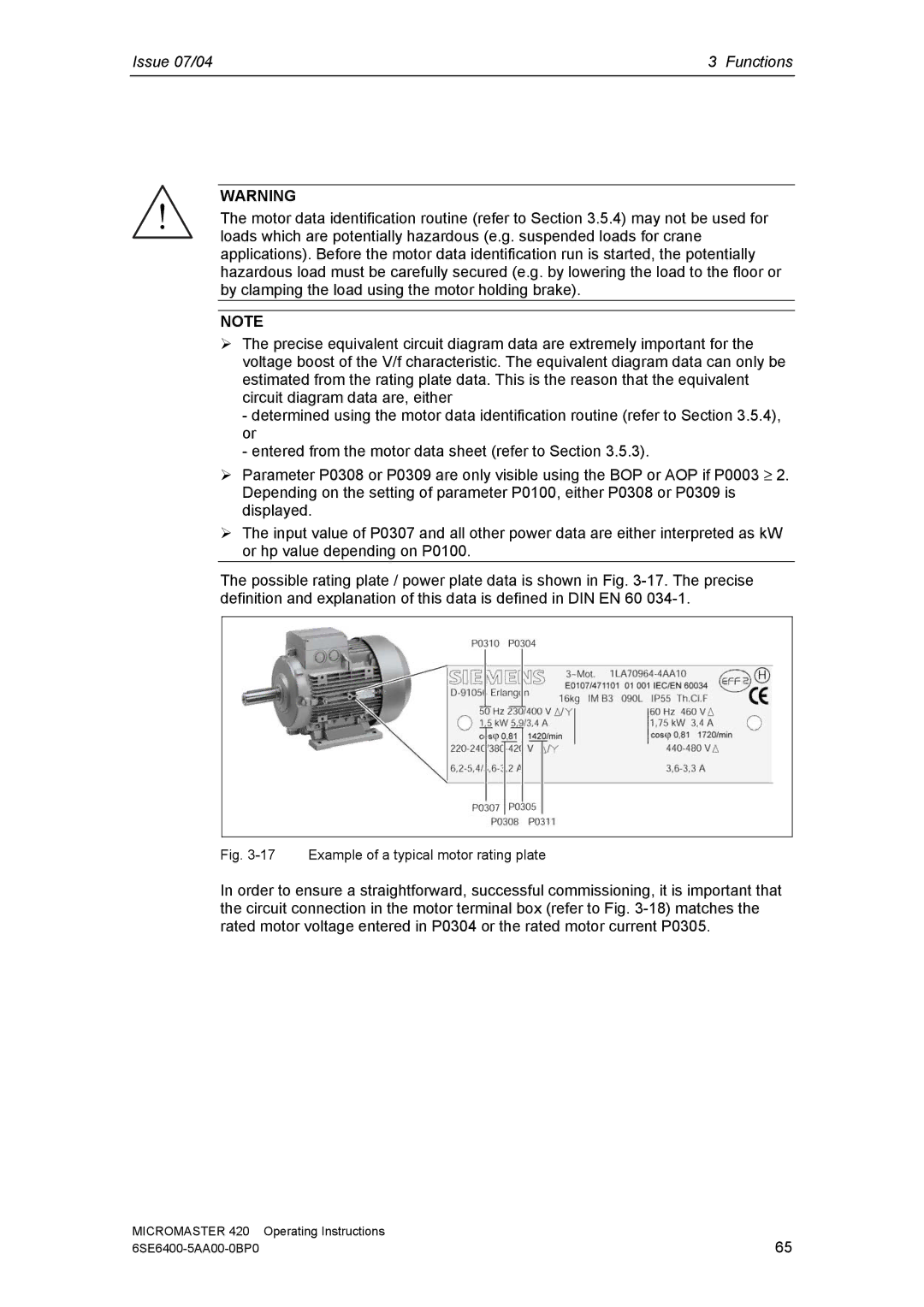 Siemens 420 manual Example of a typical motor rating plate 