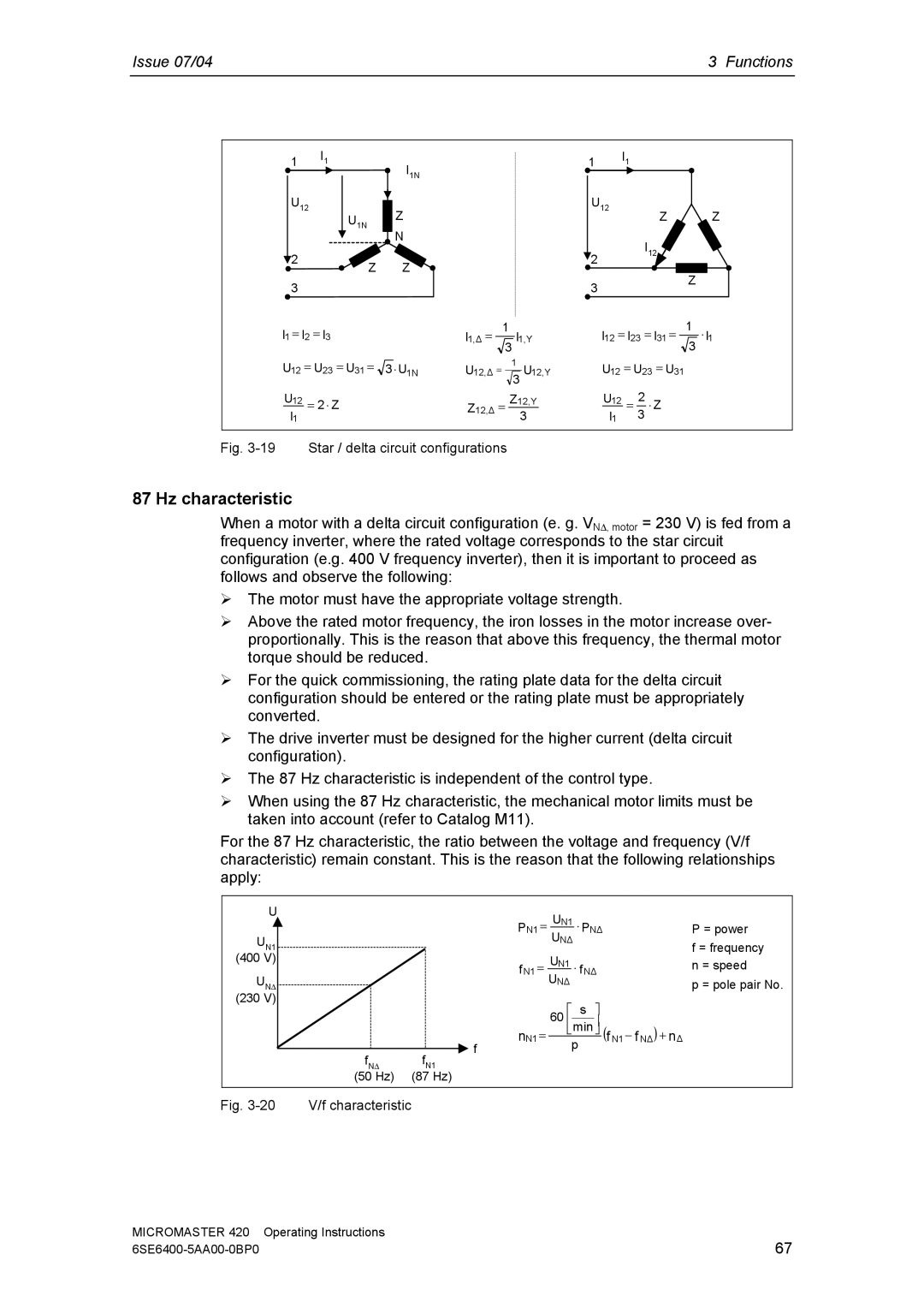 Siemens 420 manual Hz characteristic, Star / delta circuit configurations 