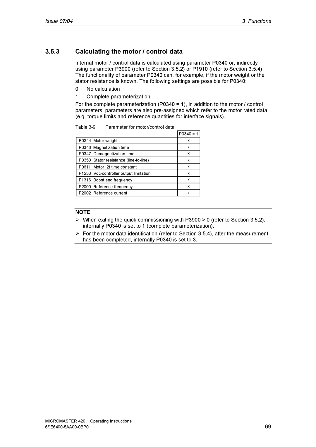 Siemens 420 manual Calculating the motor / control data 