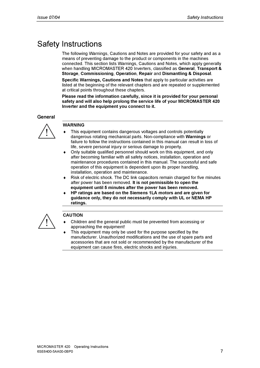 Siemens 420 manual Safety Instructions, General 