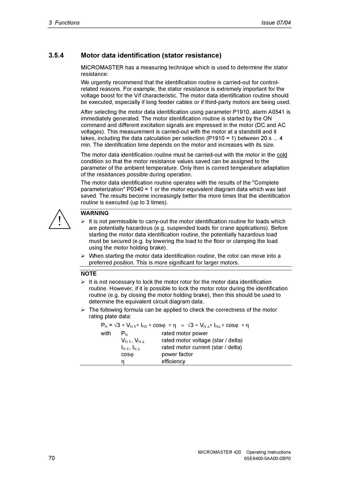 Siemens 420 manual Motor data identification stator resistance 