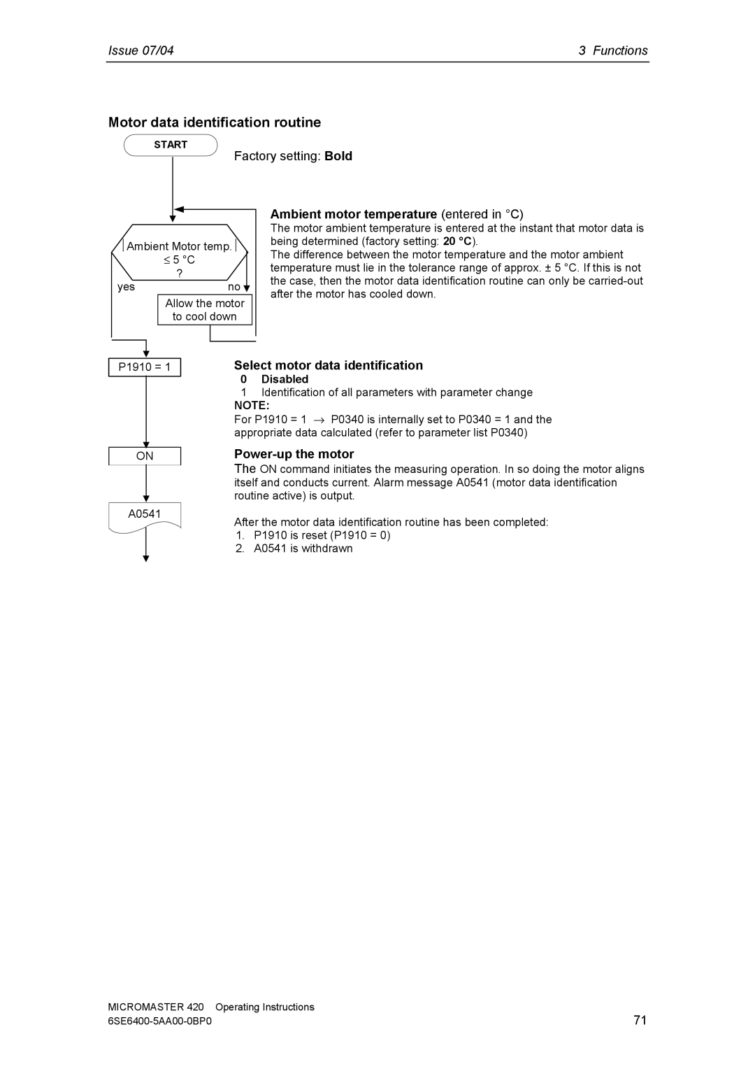 Siemens 420 Motor data identification routine, Ambient motor temperature entered in C, Select motor data identification 