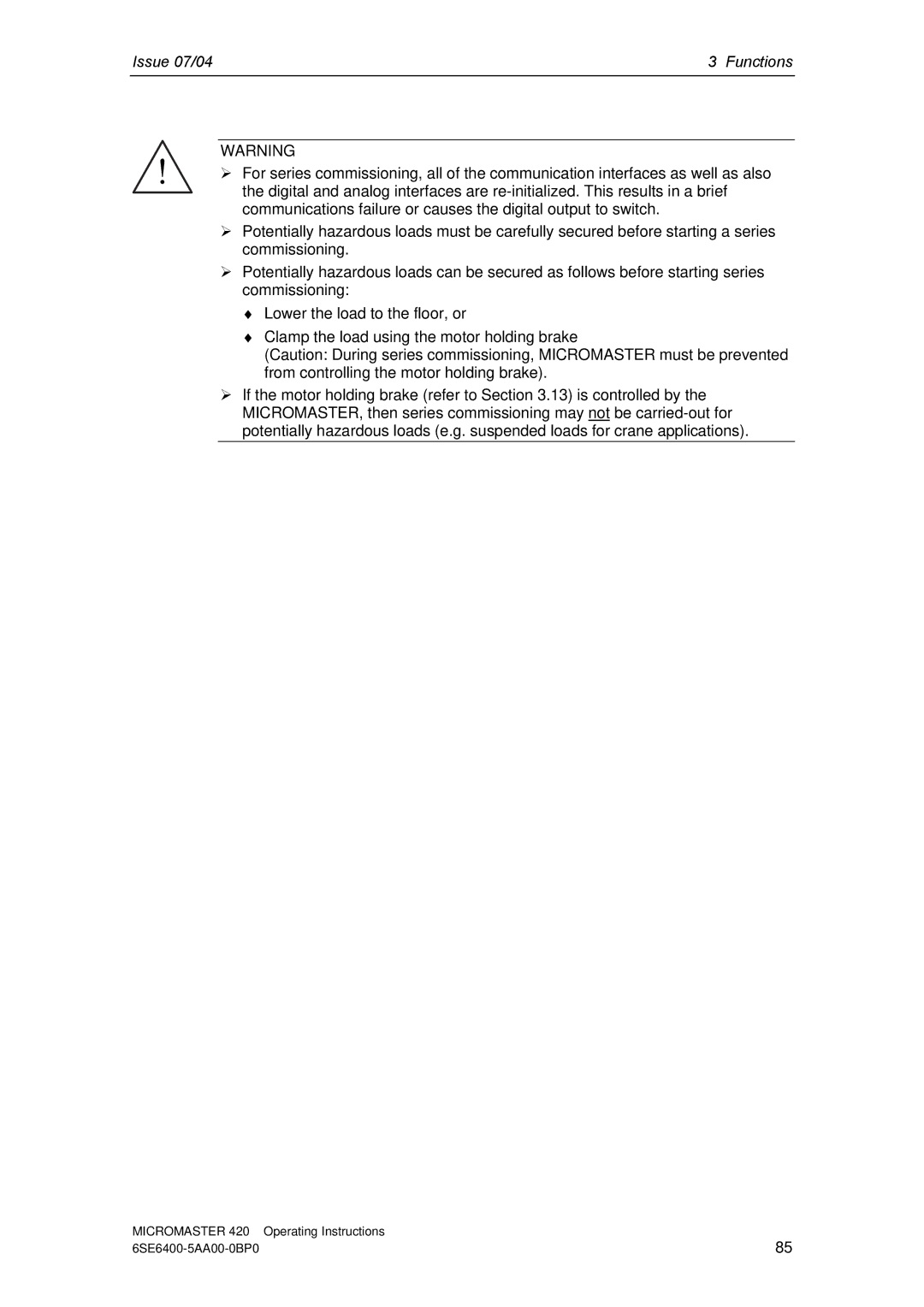 Siemens 420 manual Issue 07/04 Functions 