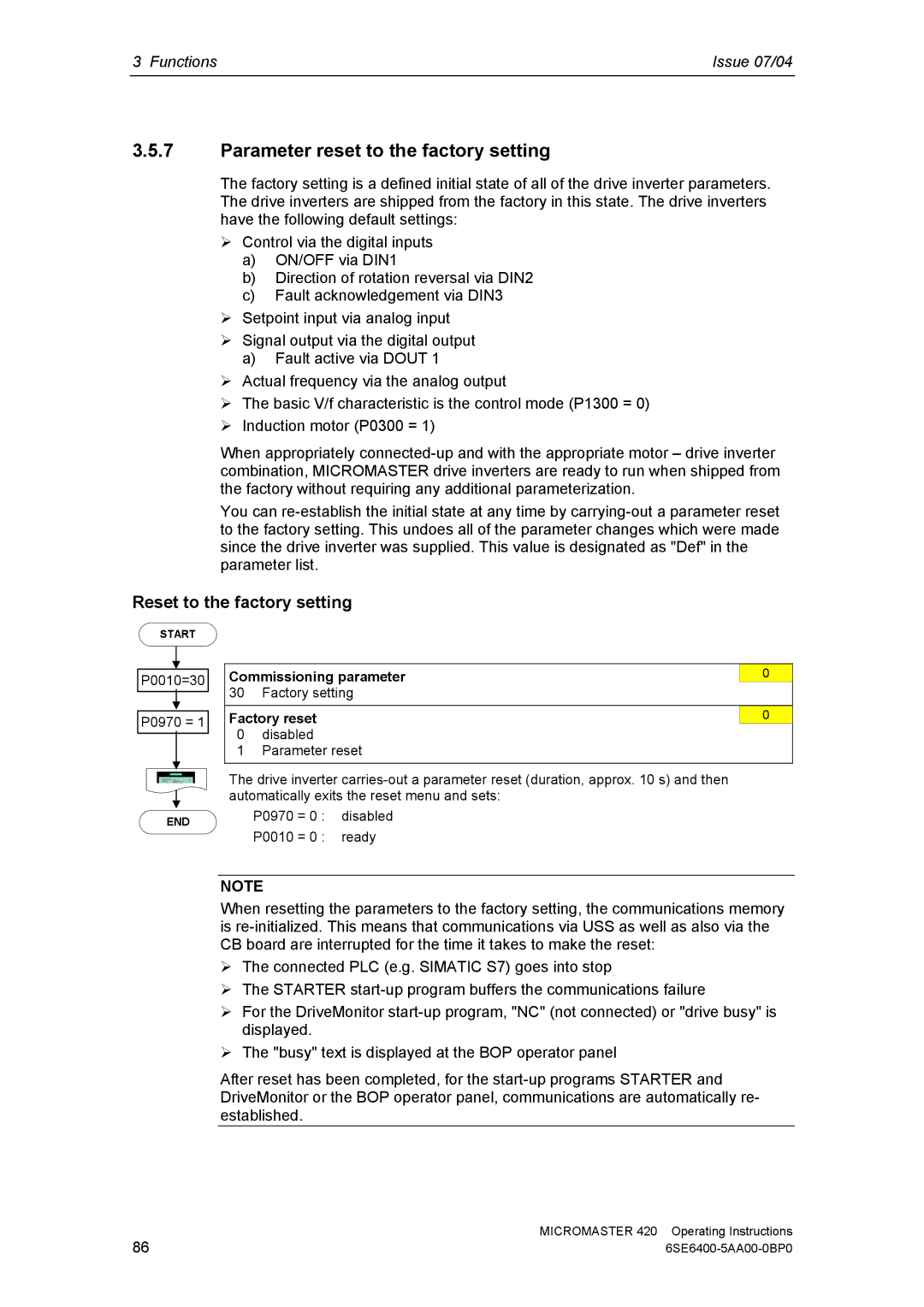 Siemens 420 manual Parameter reset to the factory setting, Reset to the factory setting, Factory reset 