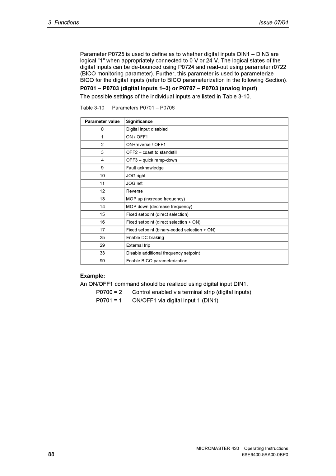 Siemens 420 manual P0701 P0703 digital inputs 1-3 or P0707 P0703 analog input, Example, Parameter value Significance 