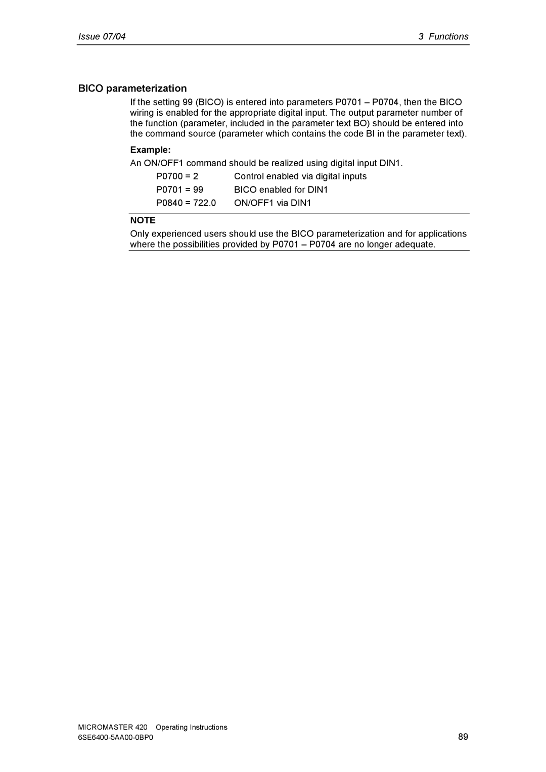 Siemens 420 manual Bico parameterization 