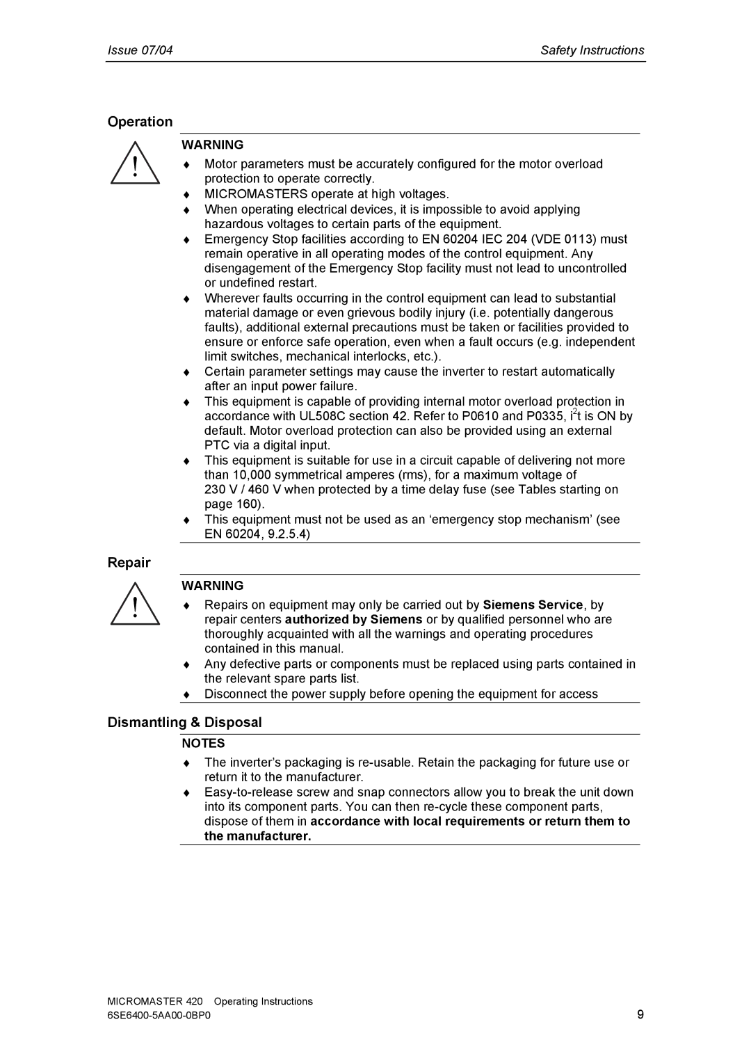 Siemens 420 manual Operation, Repair, Dismantling & Disposal 