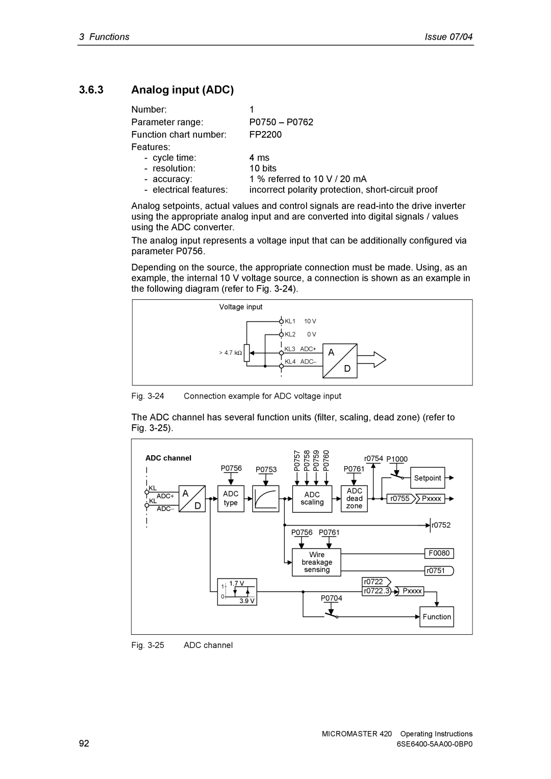 Siemens 420 manual Analog input ADC, ADC channel 